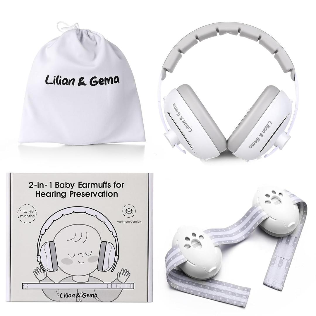Lilian&Gema 2-in-1 Baby Ear Muffs Noise Protection, Adjustable Headphones with Stretchy Band, Noise Cancelling for Toddler up to 4 Years, Airplane Essentials/Outdoor, White