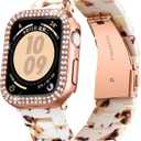 Resin Watch Bands with Case Compatible with Apple Watch Band 40mm 41mm 44mm 45mm Women Watch Strap with Glitter Bling Protective Cover Wristband for iWatch Series 8 7 SE SE2 6 5 4, Nougat White 40mm