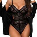 Aranmei Women Sexy Lingerie Bodysuit Lace Teddy Snap Crotch V Neck Cut Out One Piece Babydoll Underwire (Medium, Black)