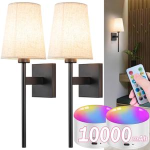 Battery Operated Wall Sconce Set Of Two, Wireless Wall Sconce Lighting with Remote Control, Indoor Dimmable Battery Operated Wall Lamp Light Fixture with 3 Color Temp Bulb For Bedroom Living Room ( Co (Black)