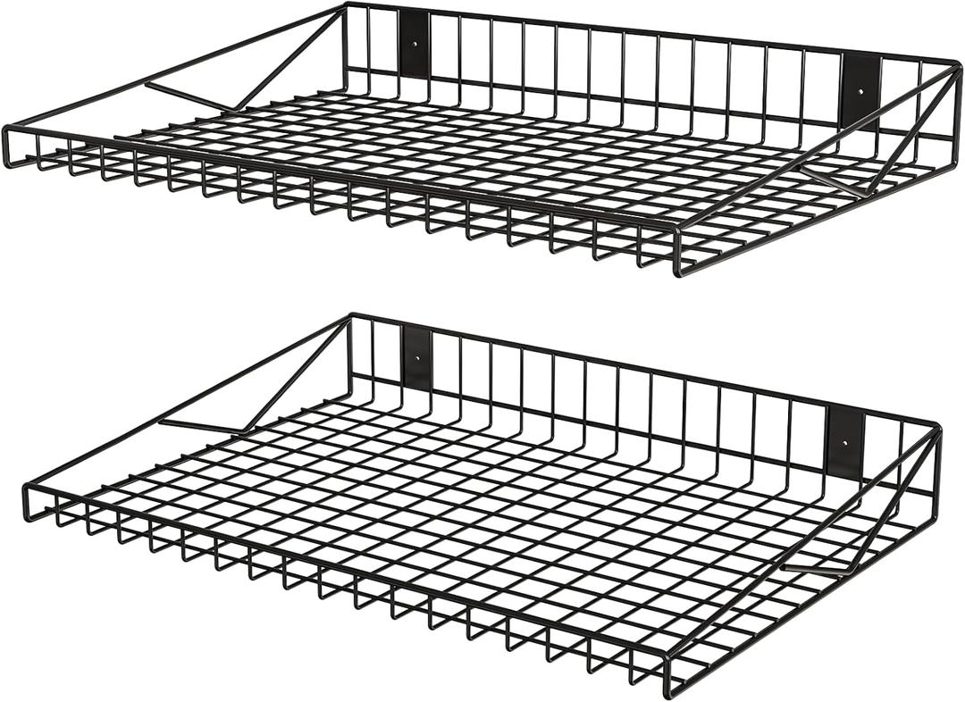 2 Pack Garage Wall Shelf, Garage Wall Mounted Shelving, Heavy Duty Floating Shelves With 4 Hooks, Loads 90 LBS Black Wall Shelves Mesh Storage Rack for Office, Basement, Wall Cabinet and Kitchen (Black-2Pack-B)