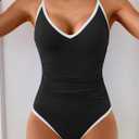 One Piece Swimsuit for Women Tummy Control Slimming Bathing Suit Color Block V Neck Swimwear (Black, XXL)
