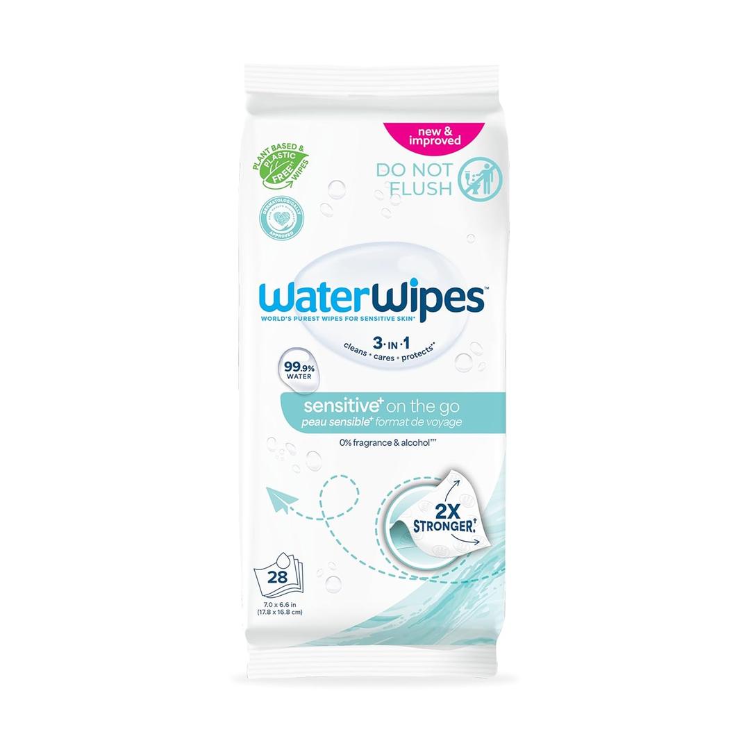 WaterWipes Sensitive+ On The Go Wipes, 3-In-1 Cleans, Cares, Protects, 99.9% Water, Unscented & Hypoallergenic Wet Wipes, 28 Count (Pack of 1)