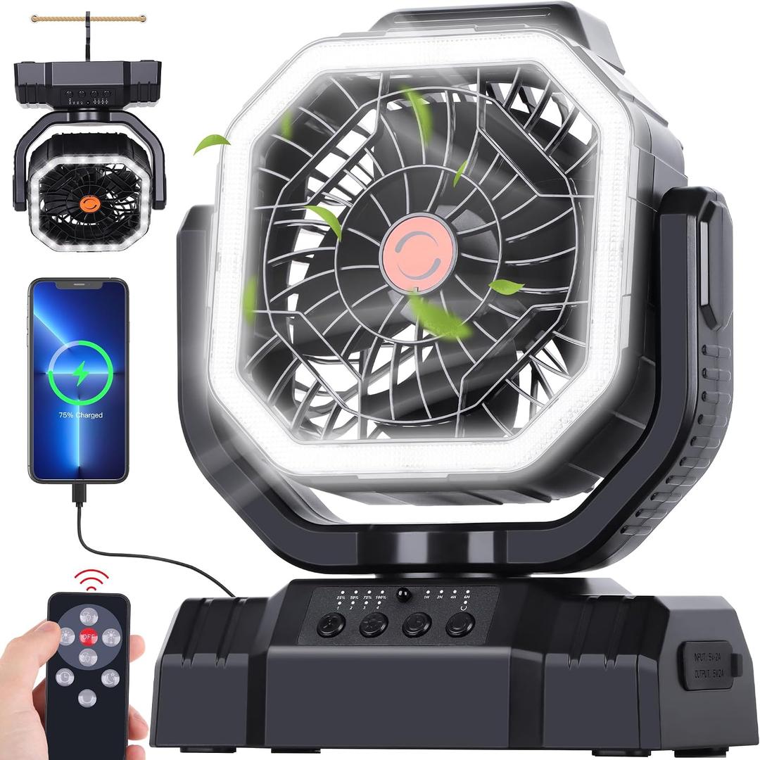 AVV 20000mAh High Speed Portable Camping Rechargeable Fan with Remote Control, Battery Powered with Auto Oscillating with Camping Essentials Accessories for Outdoor, Beach, Patio, Tent, Black, Travel-sized
