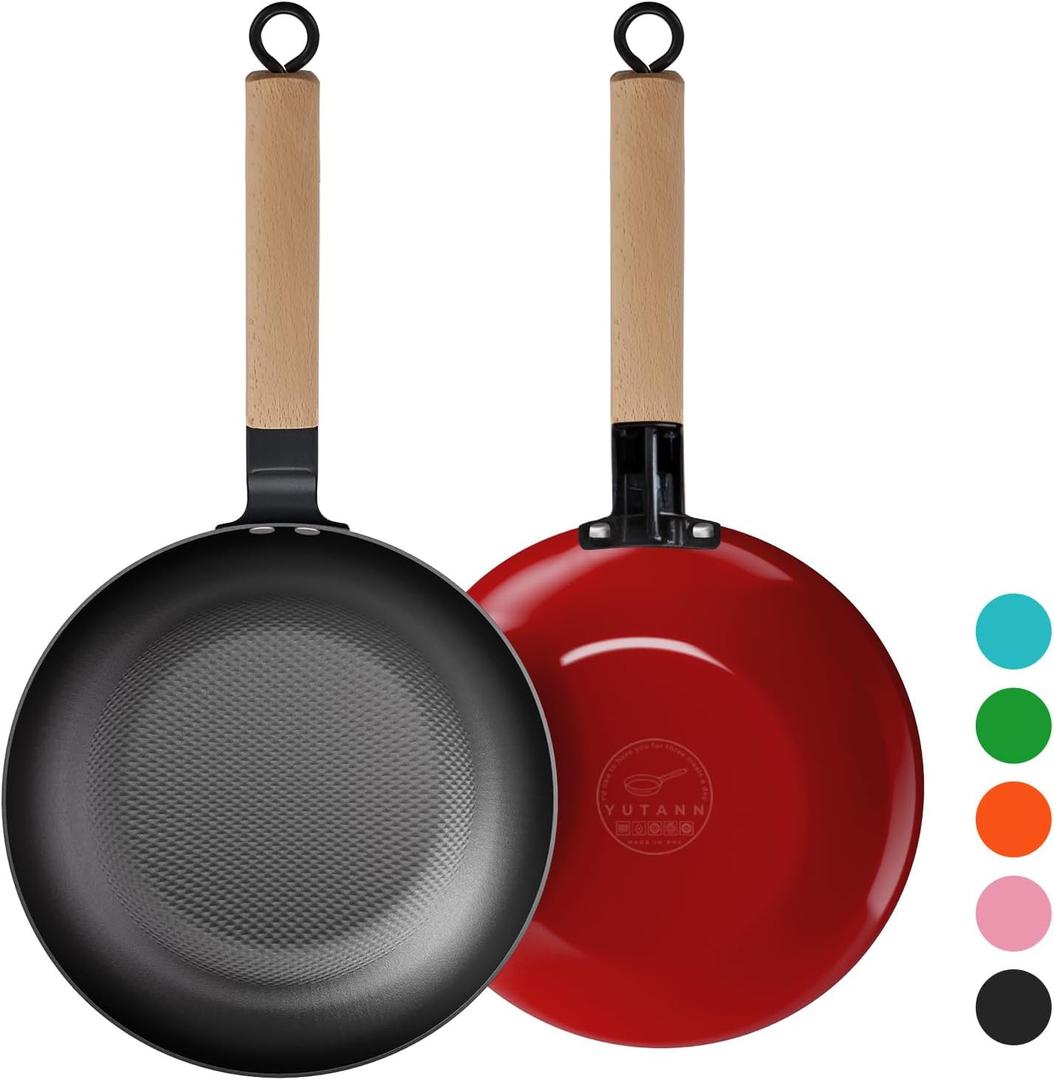 YUTANN Nonstick Frying Pan 12 inch, Ceramic Cast Iron Skillet, Lightweight Pre-seasoned Cast Iron Pan with Detachable Handle, Dishwasher & Oven Safe, Free of PFAS and PFOA (Red-Beech Wood Handle)