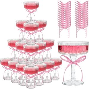 ACRYLIC Champagne Tower Set 20 Pack 7oz Shatterproof Flutes with 25 Pink Bows & 25 Dots, Stackable Plastic Coupe Glasses for Wedding, Birthday, Bridal Shower, Anniversary & Catering Events