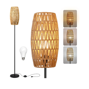 Floor Lamp for Living Room,Farmhouse Floor lamp,Modern Standing lamp with Hand-Worked Rattan Shade (Drum Rattan Shade Black Body Color-3 Color Bulb)