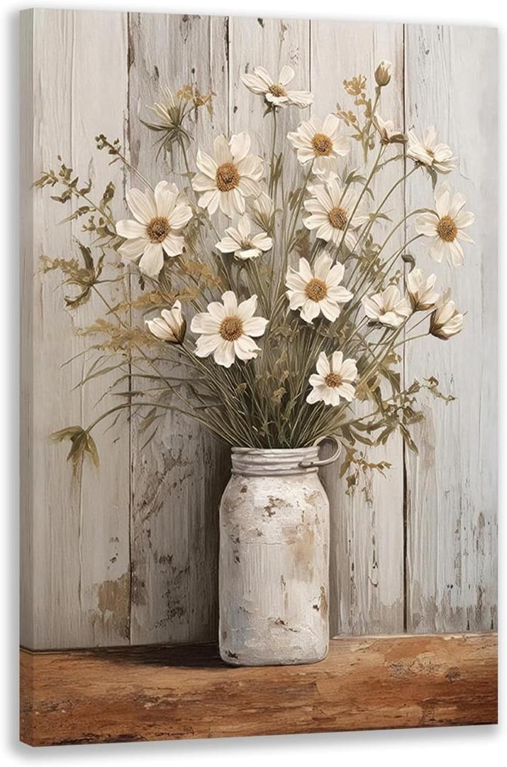 IAFWZX Wrapped Canvas Vintage White Daisy Farmhouse Wall Art 12x16 in