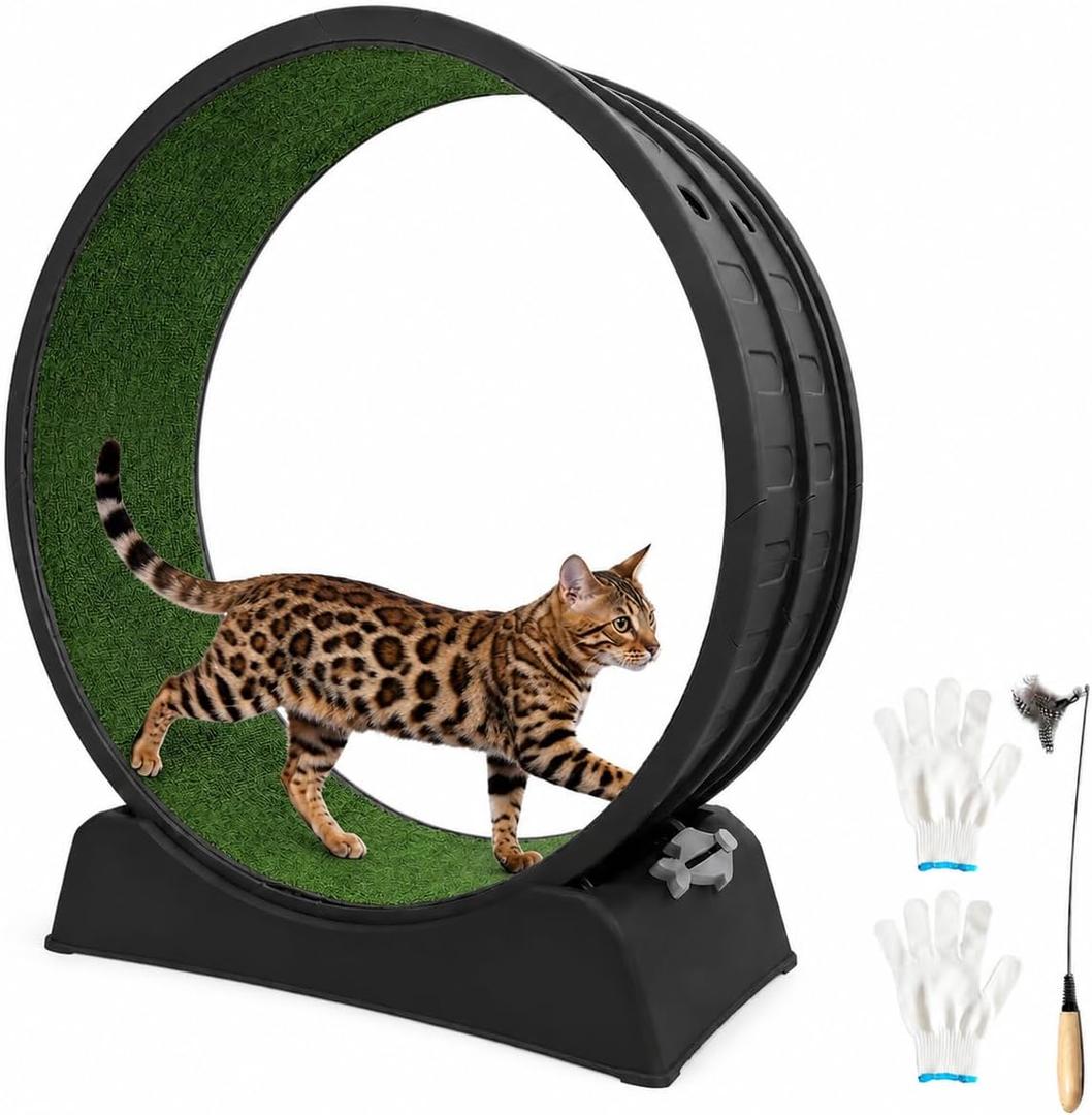 33" Large Cat Wheel for Indoor Cats, Cat Treadmill with Detachable Carpet & Teaser for Running/Walking/Training, Cats Exercise Wheel Suitable for Most Cats Kitten - Dark Black