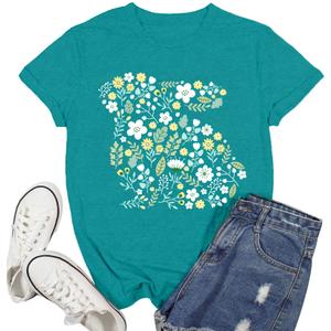 Ascrazy Easter Shirts for Women Cute Floral Bunny T-Shirt Easter Day Tee Tops Cyan