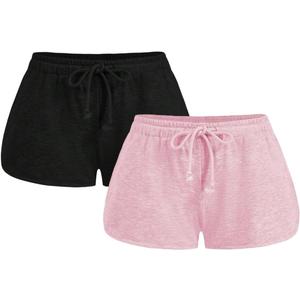 Women's 2 Packs Drawstring Waist Sweat Shorts Low Rise Workout Track Shorts Casual Lounge (Large, Black and Pink)