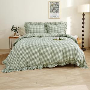 Sage Green/White Plaid Ruffle Duvet Cover Full Size,100% Washed Cotton 3 Pcs Vintage Checkered Chic Gingham Farmhouse Bedding Set Comforter Cover Set