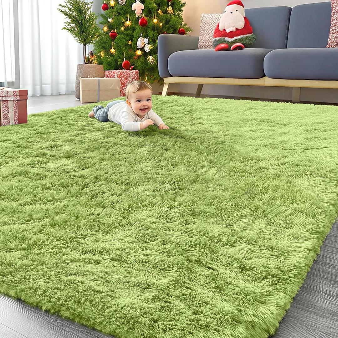 OLANLY 9x12 Machine Washable Large Area Rugs for Living Room, Bedroom, Soft Fluffy Shaggy Bedside Rug, Indoor Floor Carpet for Kids Girls and Boys, Dorms, Nursery, Home Decor Aesthetic, Grass Green