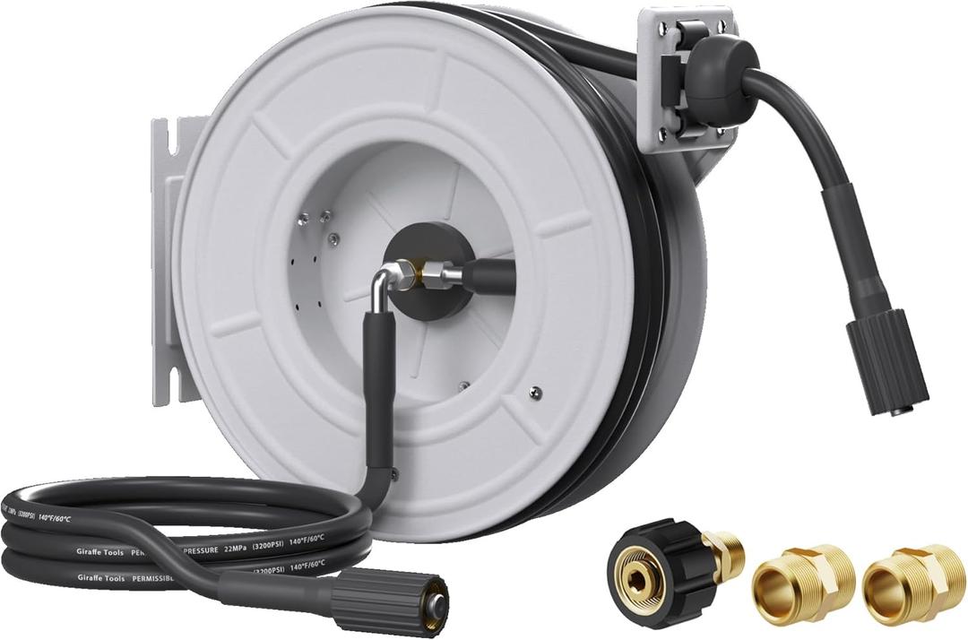 Giraffe Tools Pressure Washer Hose Reel 65ft, Power Washer Hose Reel, Pressure Washer Retractable Hose Reel, Heavy Duty, Wall/Floor Mounted, 3200 PSI, Silver