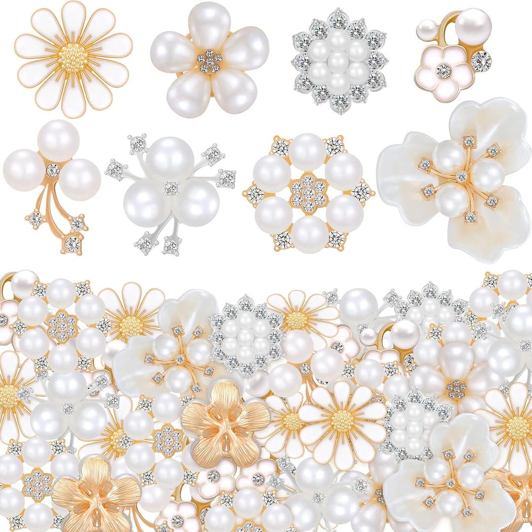 80 Pieces Rhinestone Buttons - Faux Pearl, Flat Back Flower Rhinestone Buttons for Jewelry Making, DIY Craft, Wedding, Party, Home Decoration, Hair Accessory (Vintage Style)