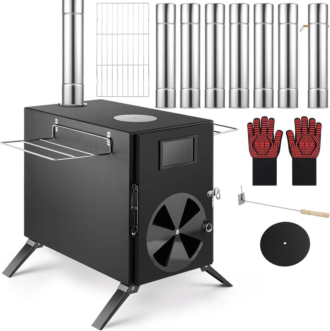 Hot Stove for Camping, 17.4 x 14 x 13.5" Multipurpose Portable Wood Stove with 71" Chimney Pipe Outdoor Stoves for Camping Cooking Ice Fishing