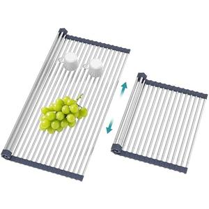 BBXTYLY Extra Large Expandable Roll Up Dish Drying Rack,Over The Sink Drying Rack Sink Cover Kitchen Sink Accessories Kitchen Rolling up Stainless Steel Drainer, Foldable,Rollable（Grey，22.8''-17''）