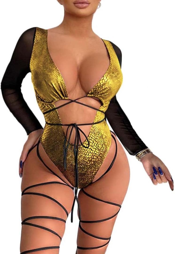 Womens Rave Wear One Piece Bodysuit Snakeskin Print Sexy Leg Rings Swimsuit for Festival Dance Rave Clothing. M Size