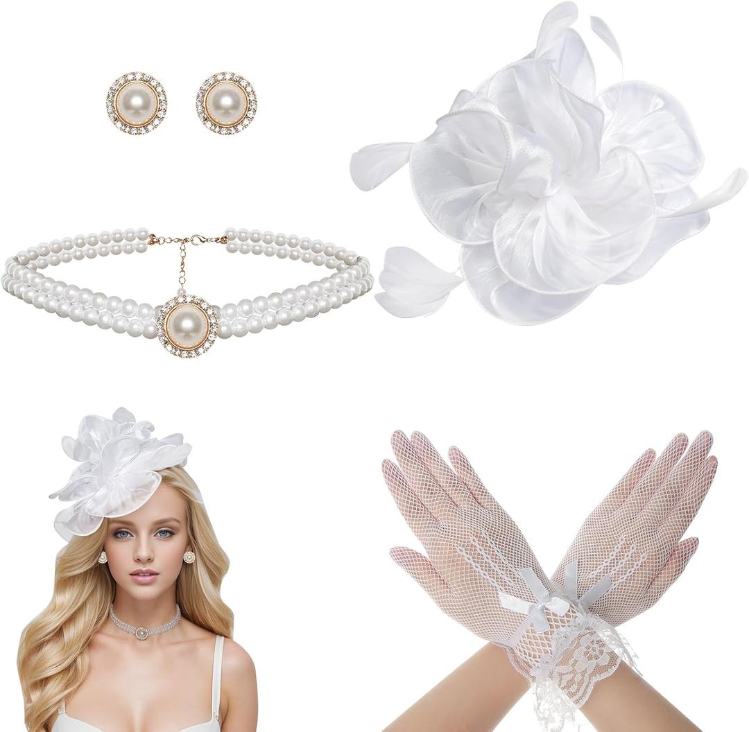 Heliltd 4Pcs Tea Party Fascinator Hat for Women Flower Fascinators for Women Feather Hat Lace Glove Pearl Jewelry Set (Standard, White)