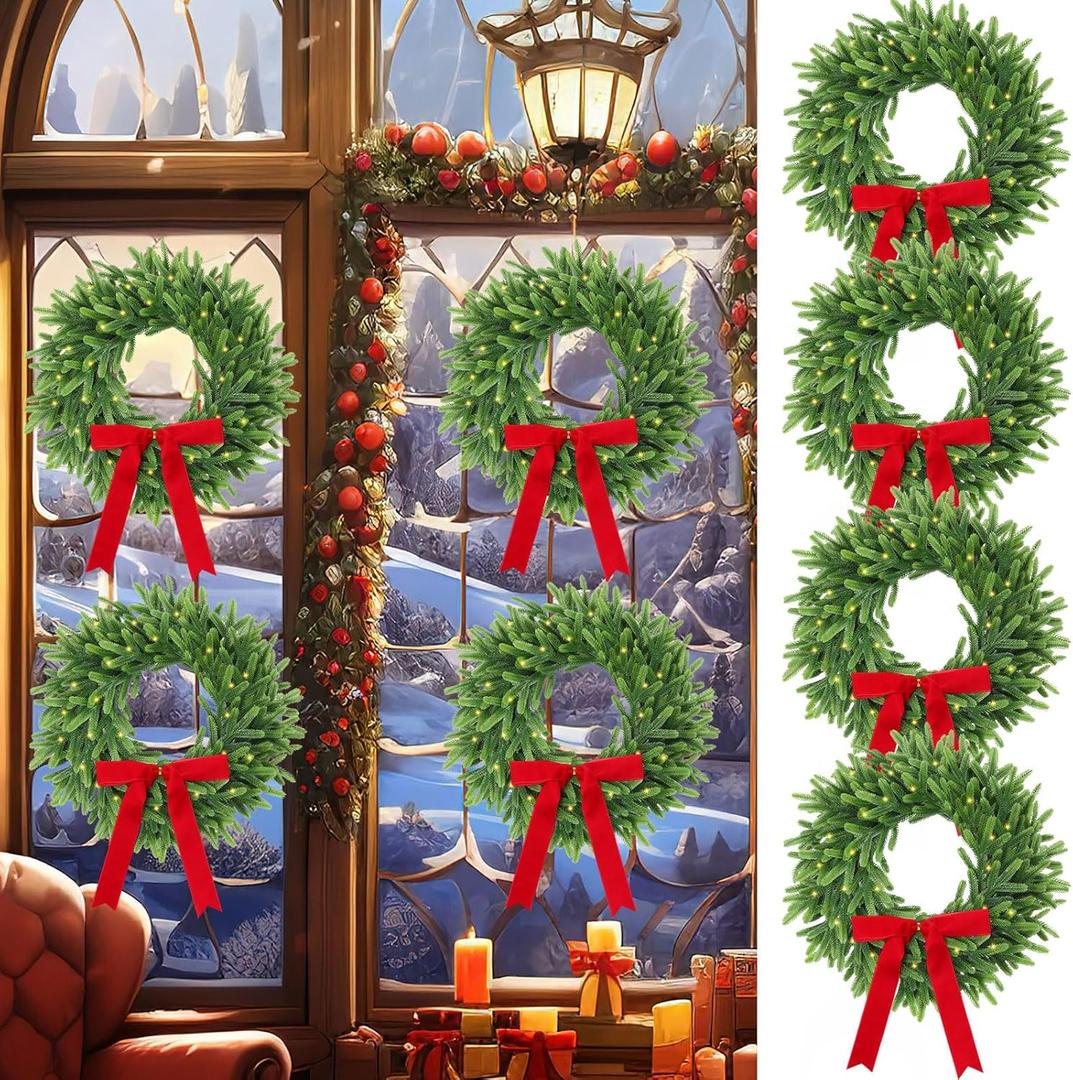 Daifunli 4 Pcs Light Up Christmas Norfolk Pine Wreaths with Bows 16 Inch Real Touch Christmas Norfolk Wreaths with Pre-Lit Artificial Xmas Wreath for Door Wall Indoor Outdoor Xmas Decor