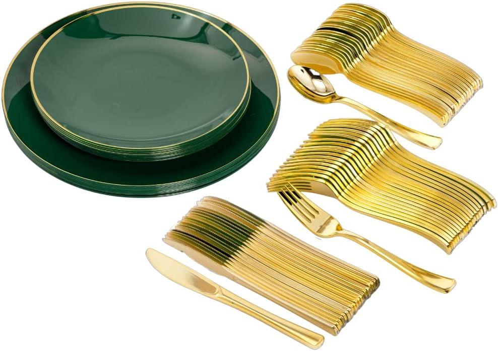 Trendables Disposable Plate Set with Cutlery - Green for 40, Includes 40 Plates, Silverware Set with Plastic Forks, Spoons, Knives, Dessert Spoons