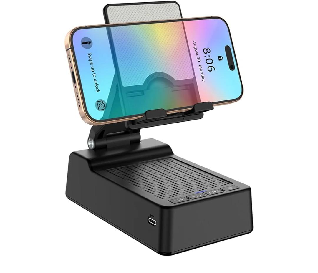 Cell Phone Stand with Wireless Bluetooth Speaker Adjustable Holder Anti-Slip Base HD Surround Sound for Home, Desk & Outdoors Compatible with Mobile & Tablets