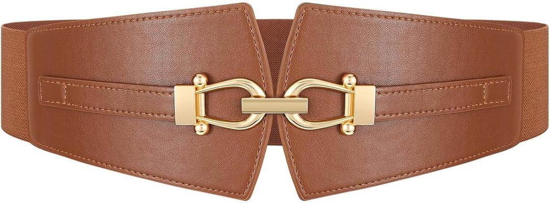 Wide Elastic Belts for Women Stretch Belt Gold Buckle Stretchy Waist Belts for Dresses Coats (Fit Waist Size 32"-35", Brown)