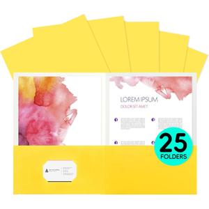 25Pcs Yollow Folders with Pockets-2 Pocket Folders for Documents,Cute Paper for Filing Cabinet,School,Office,Resume Portfolio (Yellow)
