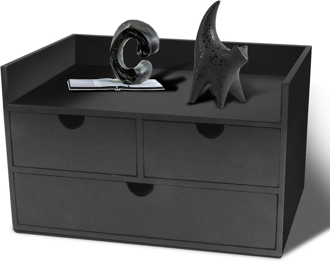 Charmewooden Desk Organizer with Drawers Countertop Drawers Organizer Tabletop Storage Organization Box Home Office Workspace Bathroom Toiletries Supplies (black with shelf)
