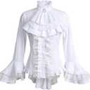 Gothic Victorian Blouse for Women Sweet Lolita Shirt High Low Irregular Ruffles Lotus Hem Medieval Tops (US, Alpha, 3X-Large, Regular, Regular, White)