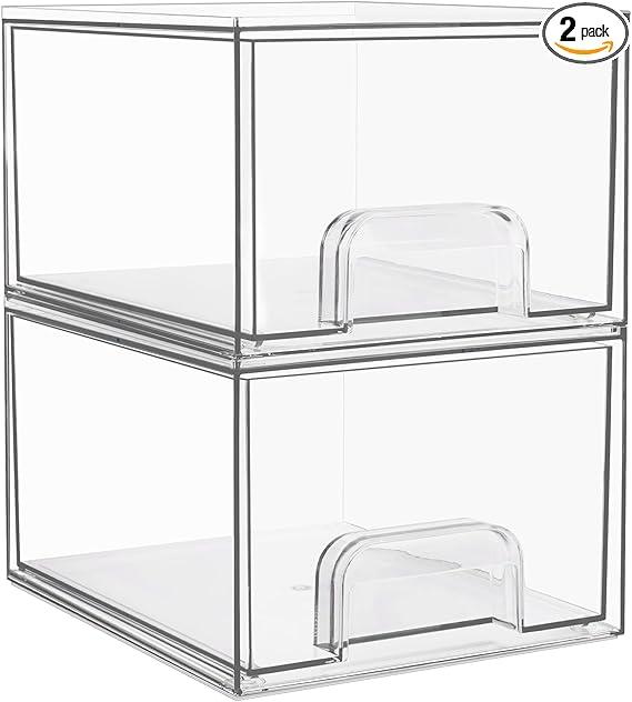 Vtopmart 2 Pack Clear Stackable Storage Drawers, 4.4'' Tall Acrylic Bathroom Makeup Organizer,Plastic Storage Bins For Vanity, Undersink, Kitchen Cabinets, Pantry, Home Organization