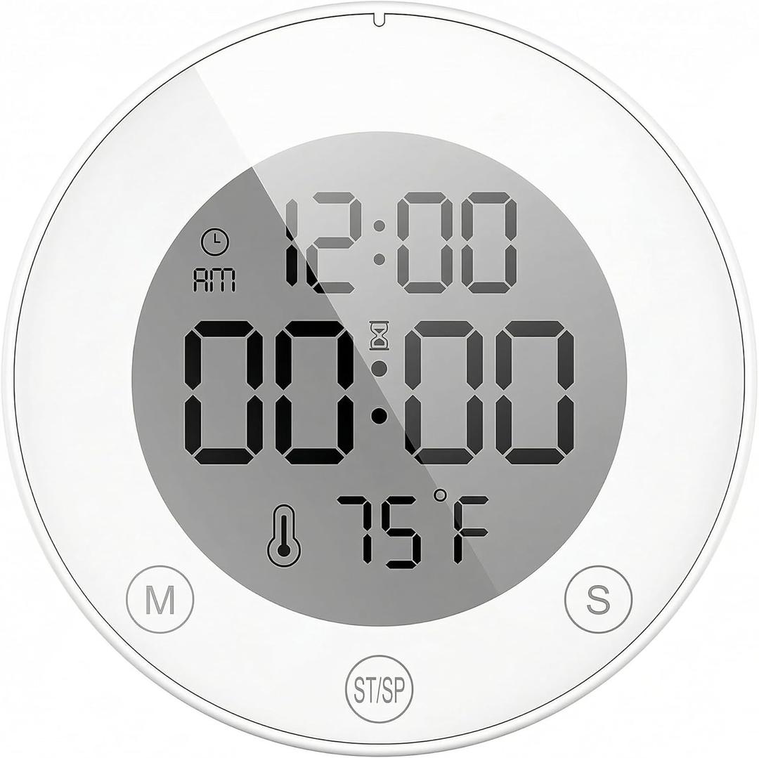 KADAMS Shower Timer Clock Waterproof Bathroom Timer  Digital Wall Clock with Countup & Countdown, Magnetic Kitchen Clock with Temperature, Suction Cup for Kids Shower Spa Cook Bath (White)