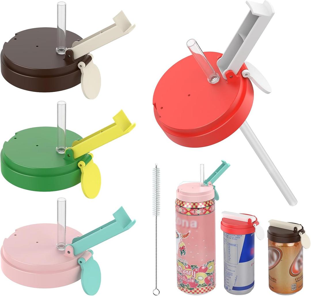 4 Pack Soda Can Lids with Straw, 4 Color Can Covers for Soda with Reusable BPA-Free, Can Lid Built w/ 3 Sizes Fits for S/M/L Sizes, Can Lids Soda w/Straw Brush Cans for Seltzer, Beer, Juice, Seltzer