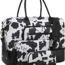 Weekender Bags for Women, Travel Duffle Bag Carry On Overnight Bag with Cosmetics Bag and Crossbody Purse for Gym Hospital, Gifts for Women, Cow Print Black (Medium)