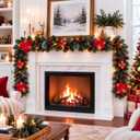 9FT Christmas Garland with Lights, Prelit Garland with Red Berry Clusters&Balls&Flowers&Pine Needles,for Stairs Railing Fireplace Mantle Front Door Home Holiday Decor Ornaments