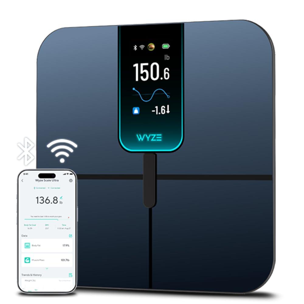 Wyze Scale Ultra, Smart Scale with 4.3" Color Display, Digital Bathroom Scale for Body Weight BMI Muscle Mass Composition, Wi-Fi & Bluetooth Body Fat Scale with Heart Rate, 400 lbs (Black)