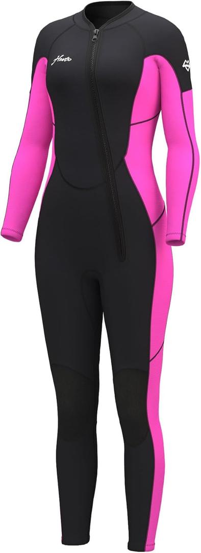 Hevto Women Wetsuit 3/2mm Neoprene Wet Suit Keep Warm in Cold Water for Surfing Swimming Diving (16, W1-3/2mm-Front Zip-Pink)