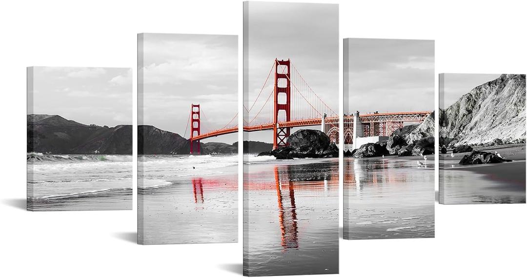 iHAPPYWALL 5 Pieces Black And White Canvas Wall Art Golden Gate Bridge San Francisco California Landscape Picture Printed for Living Room Home Decor Ready to Hang, 5Panel