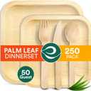 ECO SOUL 100% Compostable Palm Leaf Dinnerware Set of 250 For 50 Guests 10", 6" Square plates, Fork, Knife, Spoon, 50 Count each Biodegradable Disposable Utensils for Wedding, Parties, BBQ (Square Plate Set)