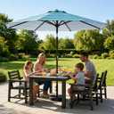 10FT Solar Lighted Patio Umbrella, Outdoor Table Market Umbrellas with Push Button Tilt and Crank, 32 LED Lights, 8 Sturdy Ribs, UV-Resistant for Deck, Garden, Pool, Blue and Green Stripe