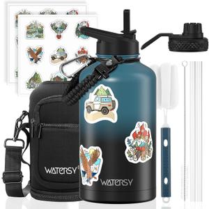 WATERSY 64oz Insulated Water Bottle (Cold for 48 Hrs),BPA Free&Leak Proof,Half Gallon Stainless Steel Water Flask,Water Jug with Straw Spout Lids for Gym,Hiking,Camping,Black Blue