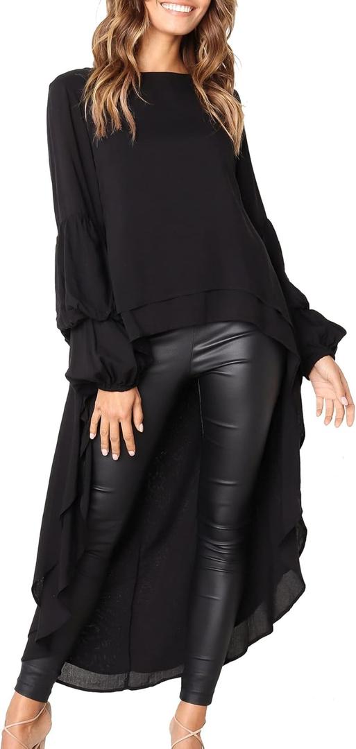 PRETTYGARDEN Women's Lantern Long Sleeve Round Neck High Low Asymmetrical Irregular Hem Casual Tops Blouse Shirt Dress (Black, L)