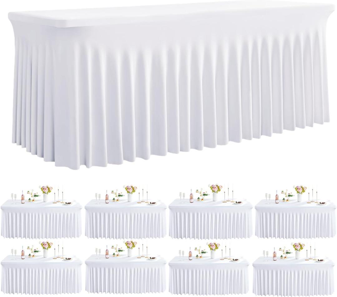 Outpain White Spandex Table Clothes for 6 Foot Rectangle Tables-8Pack 6FT Spandex Fitted Table Cover, Wrinkle Free Tablecloths with Skirt for Parties, Wedding, Birthday, Banquet, Festival