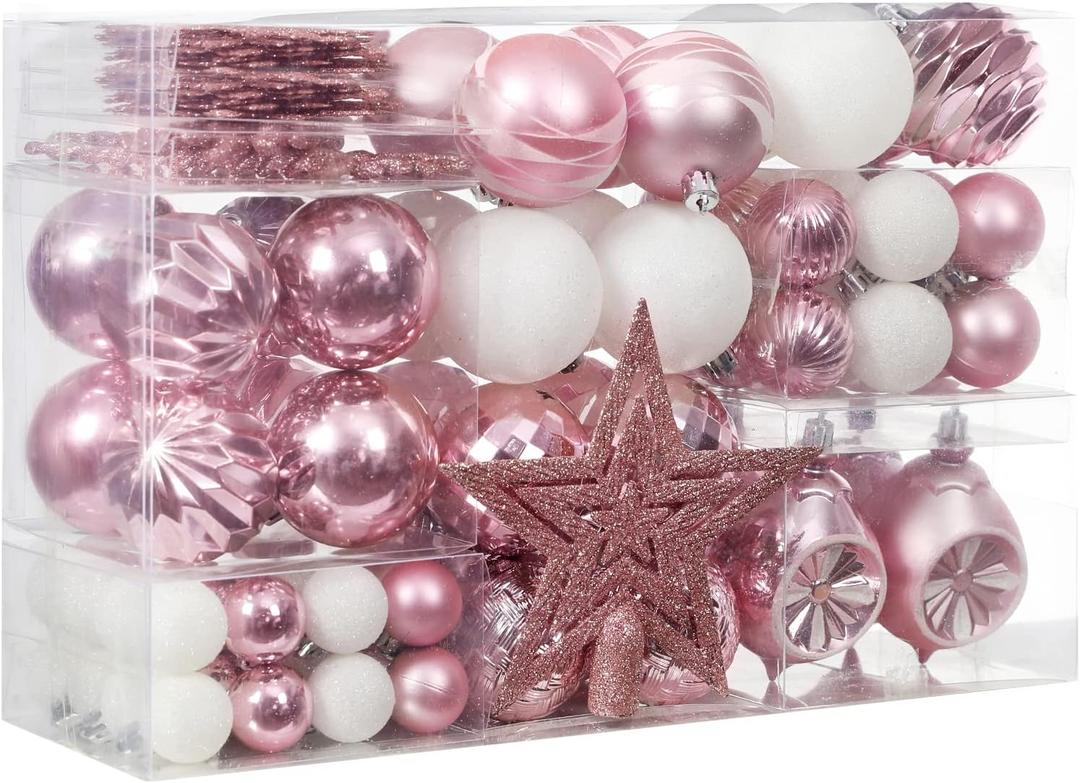 XmasExp 99-Pack Christmas Ball Ornaments Assorted Shatterproof Christmas Tree Decorations with Hand-held Gift Package for Xmas Tree,Home,Party(Baby Pink)