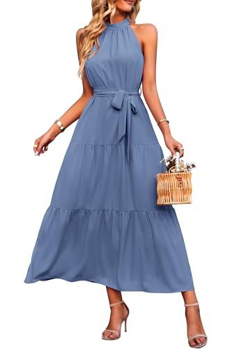 PRETTYGARDEN Women's Summer Maxi Sun Dress Sleeveless Halter Neck Flowy Ruffle Hem Long Boho Dresses with Belt (Solid Grey Blue,Large)