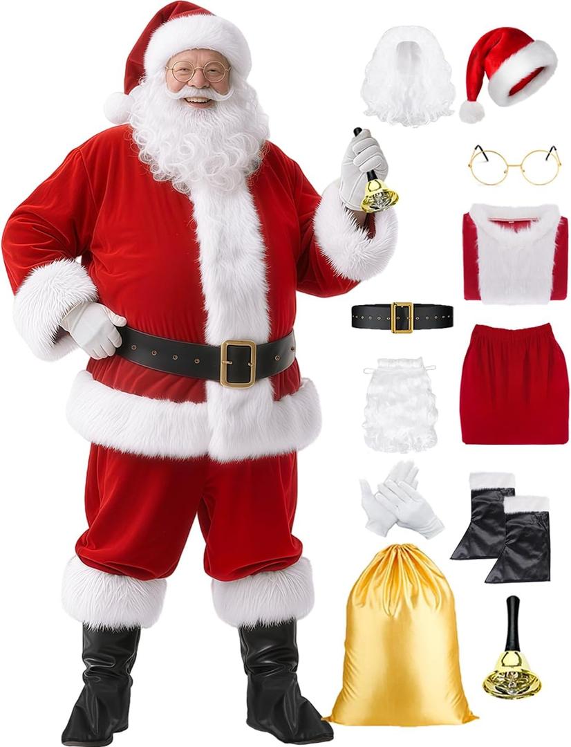 11pcs Santa Claus Costume for Men Women Adults Deluxe Santa Costumes Suit Outfit Christmas with Bell (Red, S)