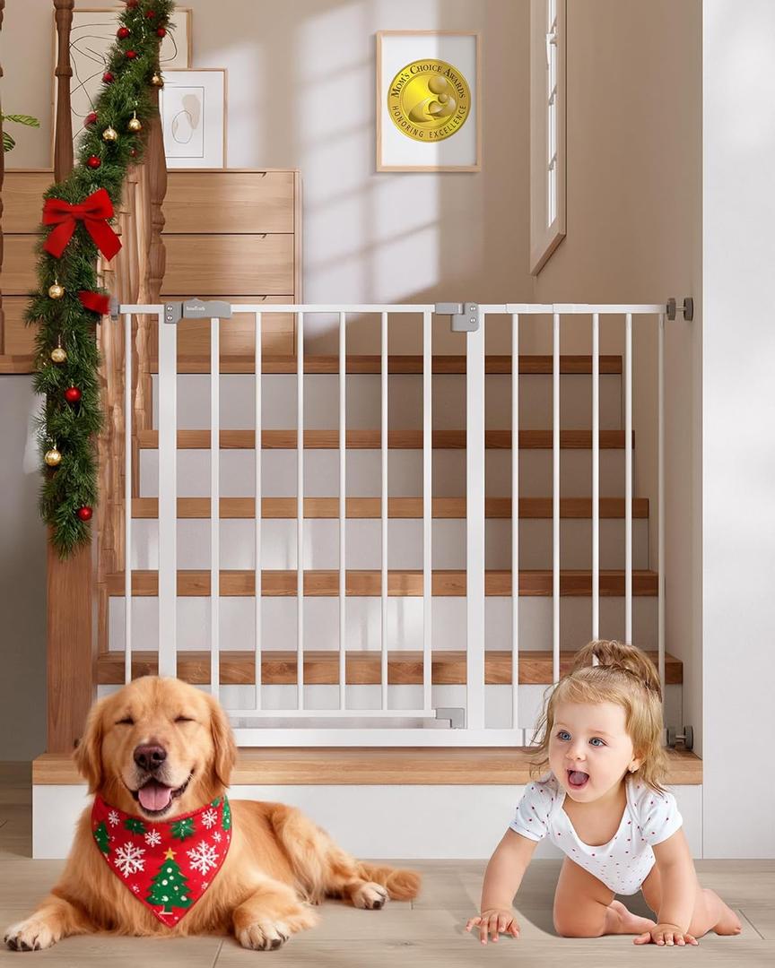 InnoTruth 29.540.75" Baby Gate for Stairs, 30" Tall Dog Gates for Doorways & Hallways, Safety Gate for Kids & Pets, Pressure-Mounted Walk-Through with Dual Lock & 2-Way Swing, White