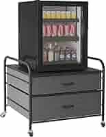 Mini Fridge Stand, 120LBS Metal Frame Black Iron Top, 2 Drawer Fridge Cart with Large Fabric Drawers, 4 Swivel Wheels for Home, Kitchen, Dorm, Office