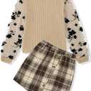 Girl Clothes Girls Outfits Flare-lace Sleeve Top and Plaid Skirt Dress Fall Winter 2Pcs Girls Clothes 6-14T (11-12 Years, Apricot)