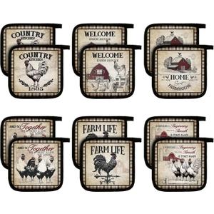 Bencailor 12 Pcs Pot Holders with Pocket Kitchen Hot Potholders Hot Pad Oven Mitts Cookie Bag Oven Gloves for Kitchen Gift Baking Cooking(Brown,Farmhouse Rooster)